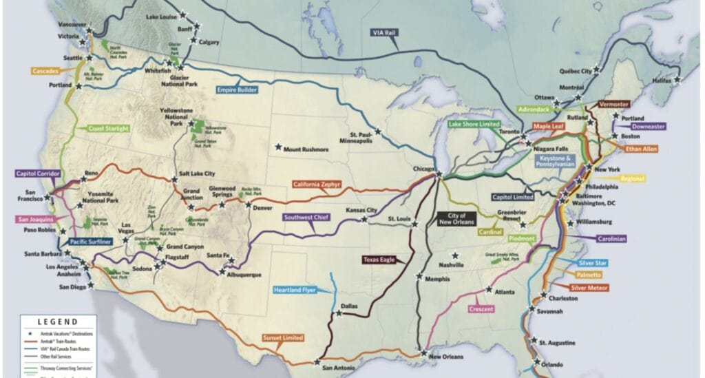 Map with train routes across the US